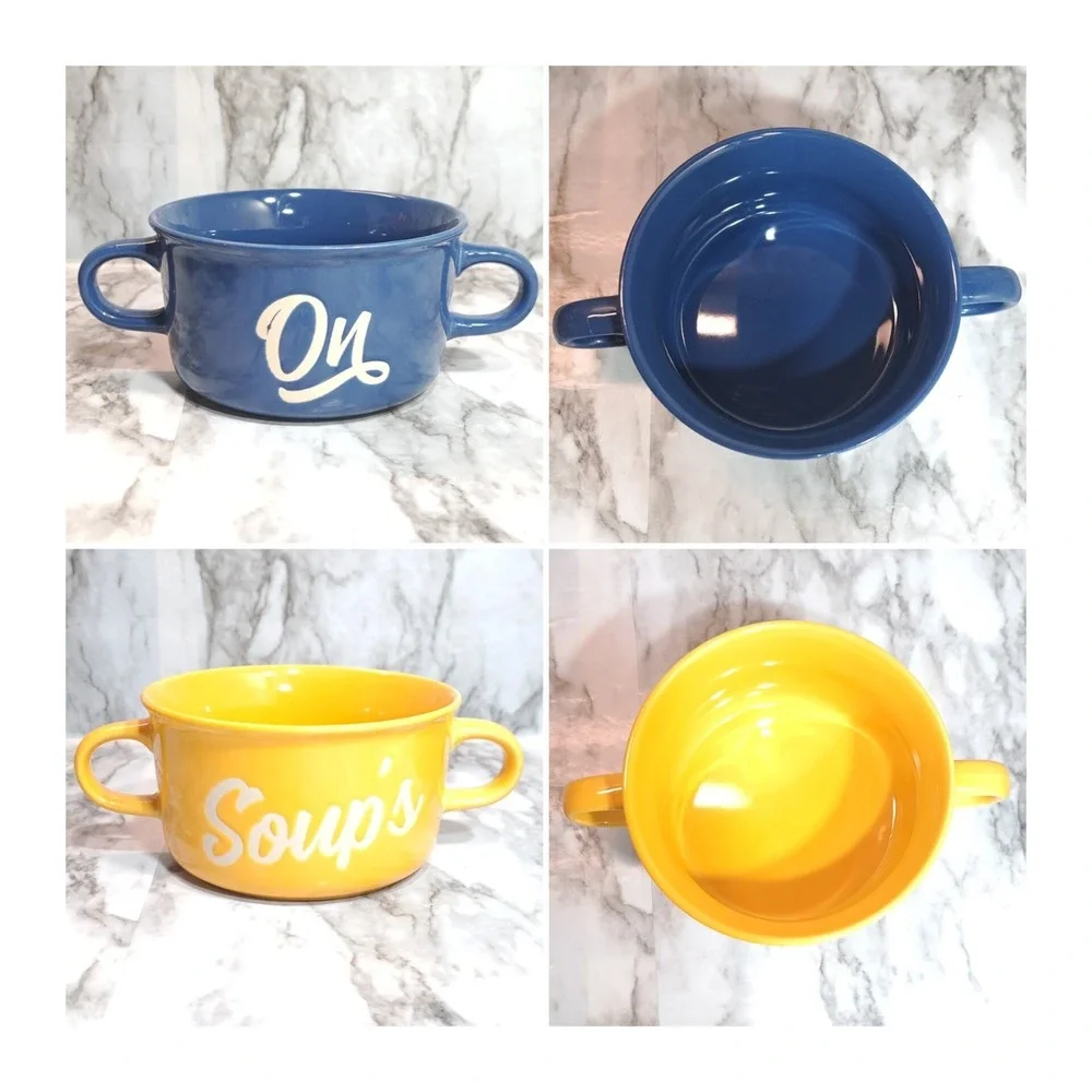Set/2 ABODE Housewares Stoneware Bowls Yellow & Blue Soup's‎ On 20 oz